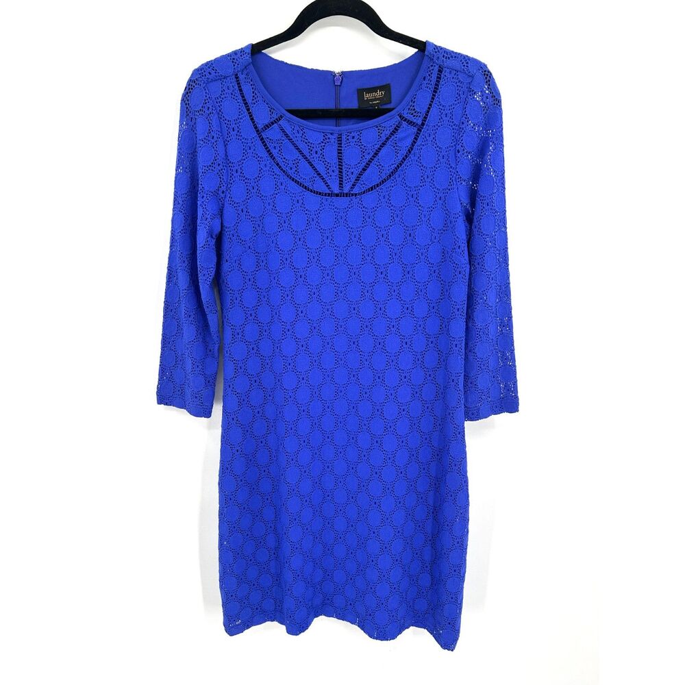 LAUNDRY BY SHELLI SEGAL Royal Blue Crochet Lace 3/4 Sleeve Shift Dress Size 6